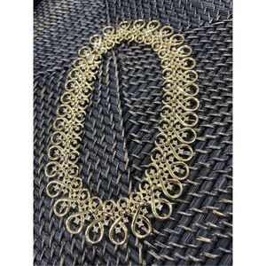 Vintage Rare Crown Trifari Gold Tone Ribbon Crystal Diamond Stud Necklace 16”